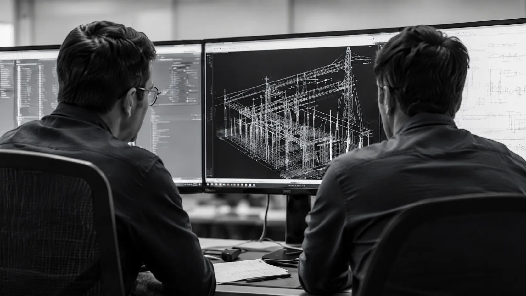 Enerzinx engineers reviewing power system models across multiple monitors